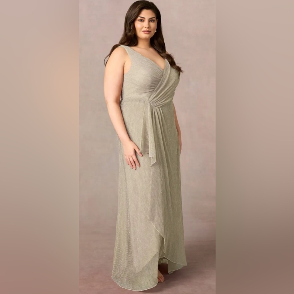 NWT- UPSTUDIO TUSCON Champagne A-Line VNeck Ruched Metallic Mesh Dress SIZE- A18 - Picture 7 of 14